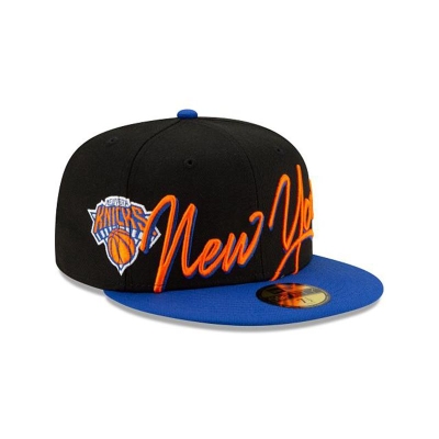 Black New York Knicks Hat - New Era NBA Cursive 59FIFTY Fitted Caps USA7428569